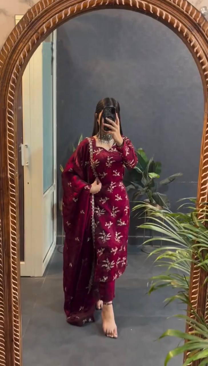 FLORAL DESIGN A-LINE CRUNCHY SILK KURTA SET