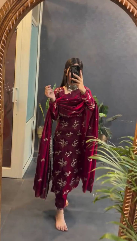 FLORAL DESIGN A-LINE CRUNCHY SILK KURTA SET